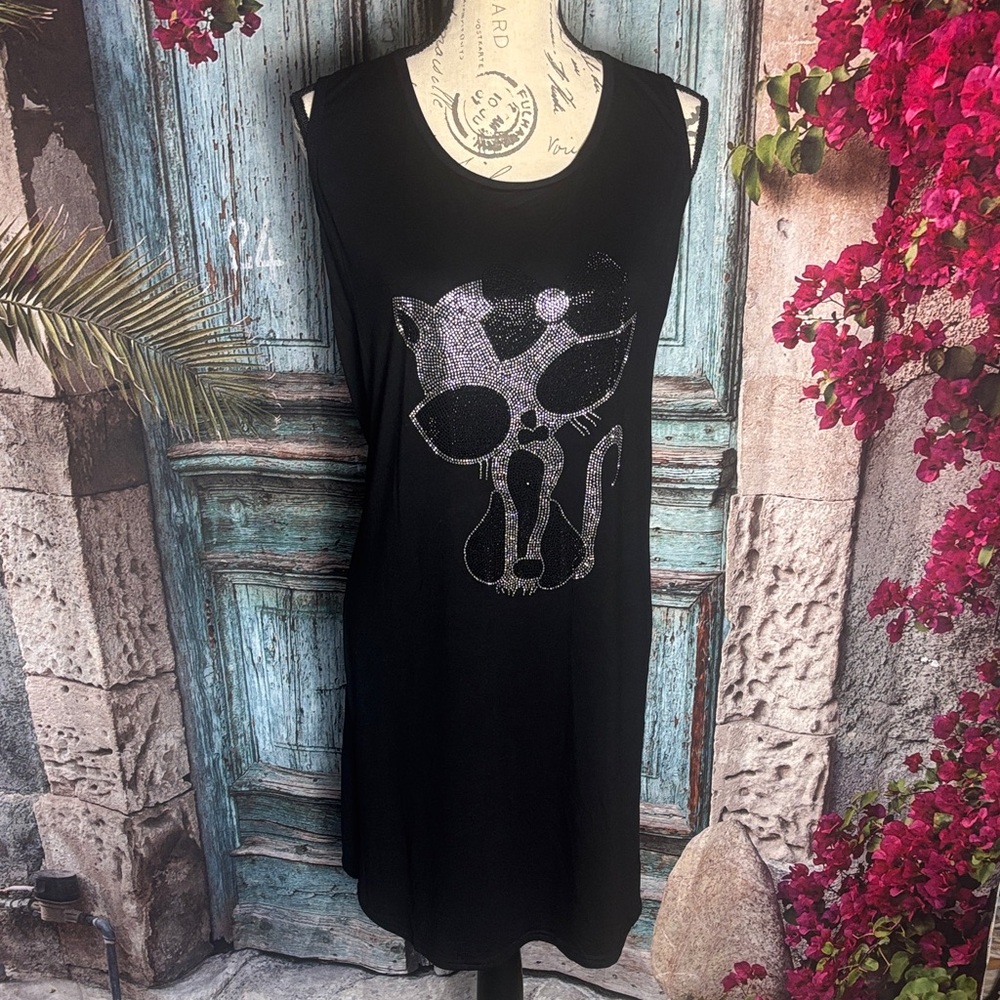 Shiny black‎ sleeveless dress with rhinestone cat graphic NWT, one size